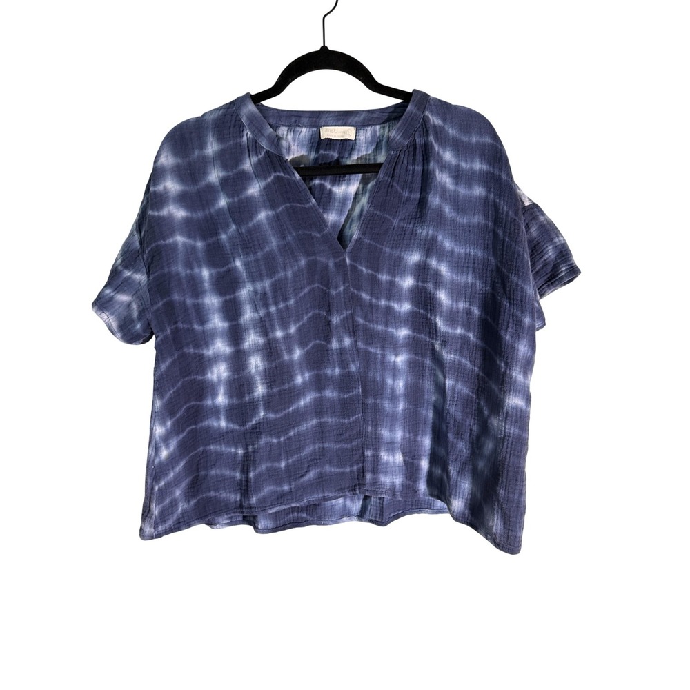 Just Living Blue Tie Dye Cotton‎ Gauze V-Neck Top Short Sleeve Boho Blouse